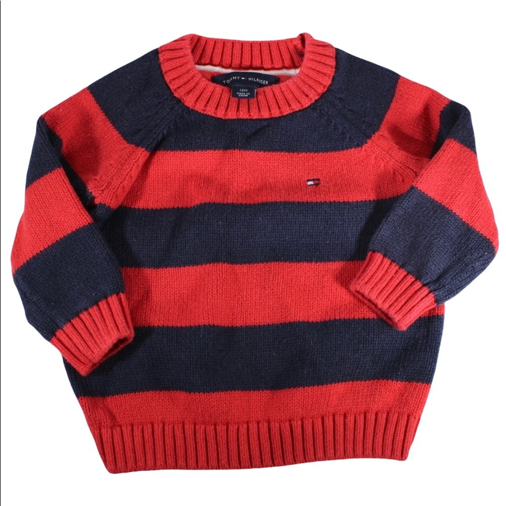 TOMMY HILFIGER Sweater Red White Stripe Flag Crewneck Pullover 12 Months - Picture 1 of 4